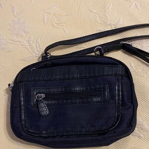 Black/Dark Blue Crossbody Shoulder Bag with Croc-Trim Detailing
